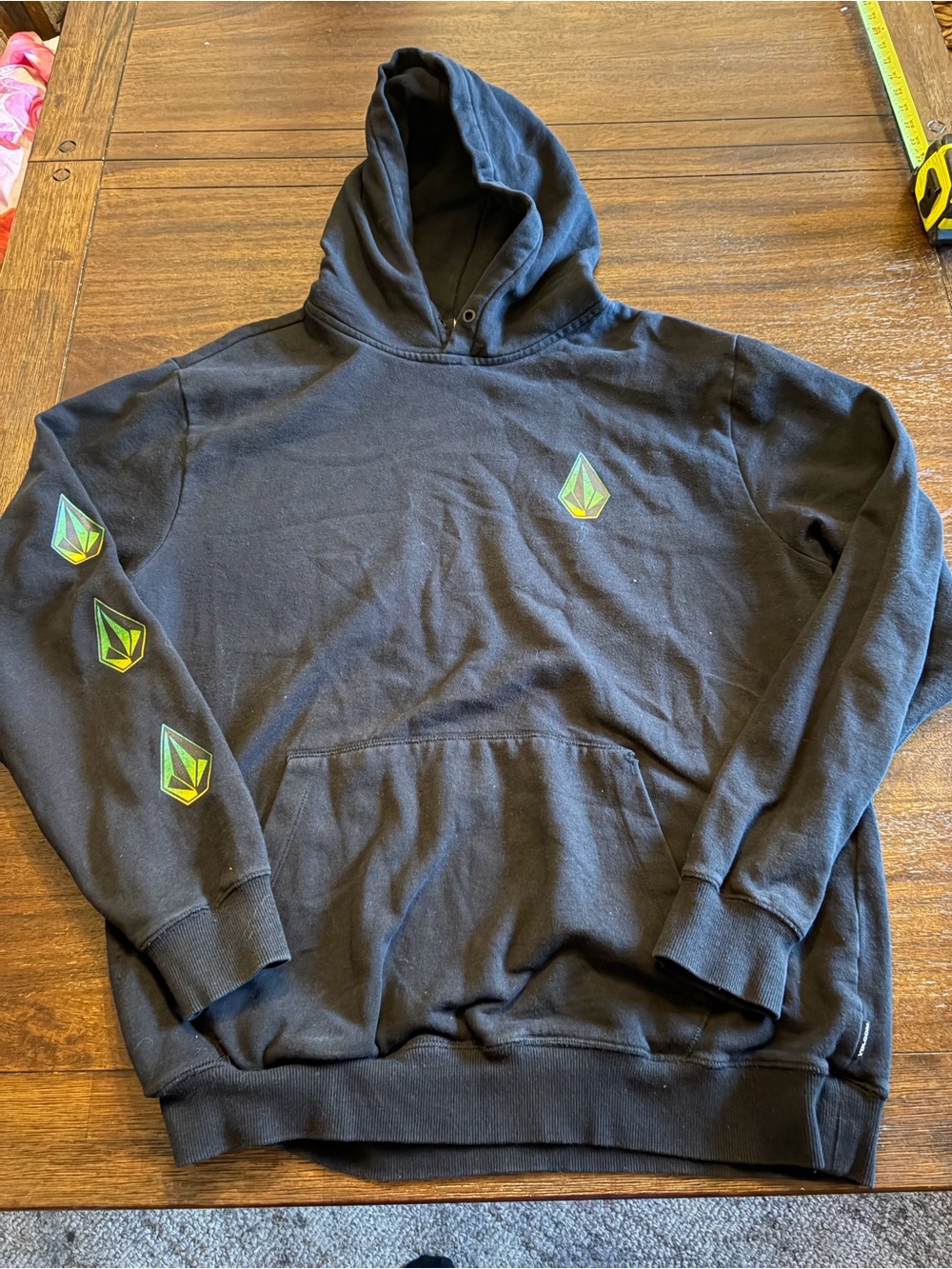 Volcom Stone Pullover Hoodie Mens XXL Black Iridescent Logo Skate Sweatshirt